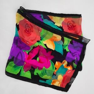 Bright Floral Satin Rectangle Scarf 52" X‎ 10" Bold Colorful Bloomcore Retro